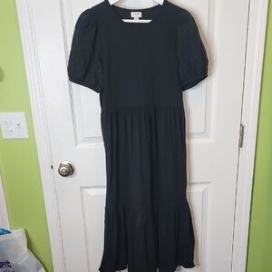J. Crew Factory Black Midi Dress Eyelet Puffy Sleeves Women's Size Petite Small